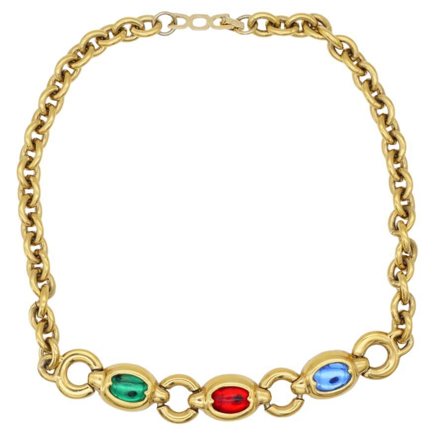 Christian Dior Vintage 1980s Sapphire Ruby Emerald Gripoix Gold Pendant
