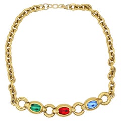 Christian Dior Vintage 1980s Sapphire Ruby Emerald Gripoix Gold Pendant Necklace