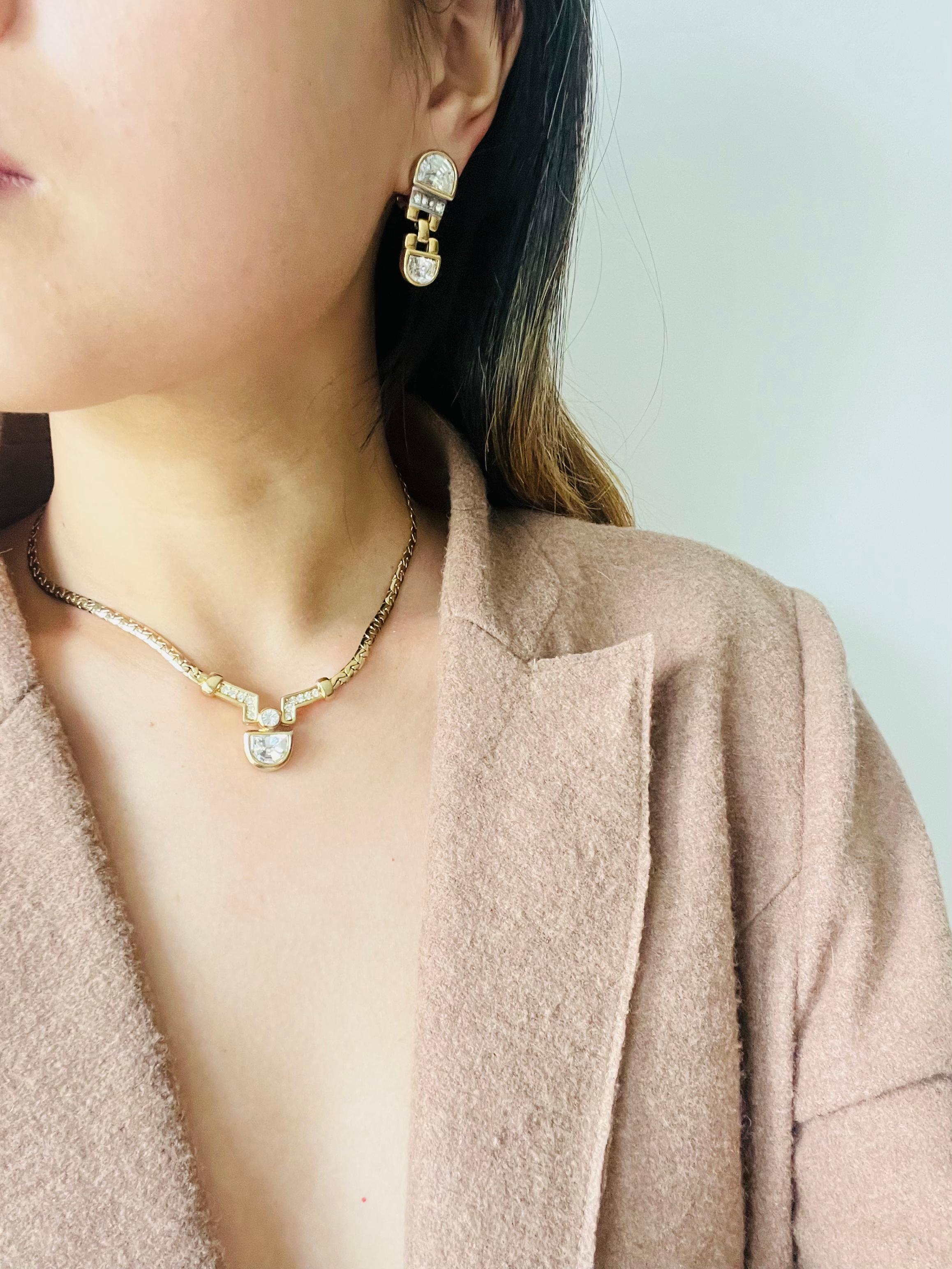Christian Dior Vintage 1980s Semicircle Crystals Pendant Set Necklace Earrings For Sale 5
