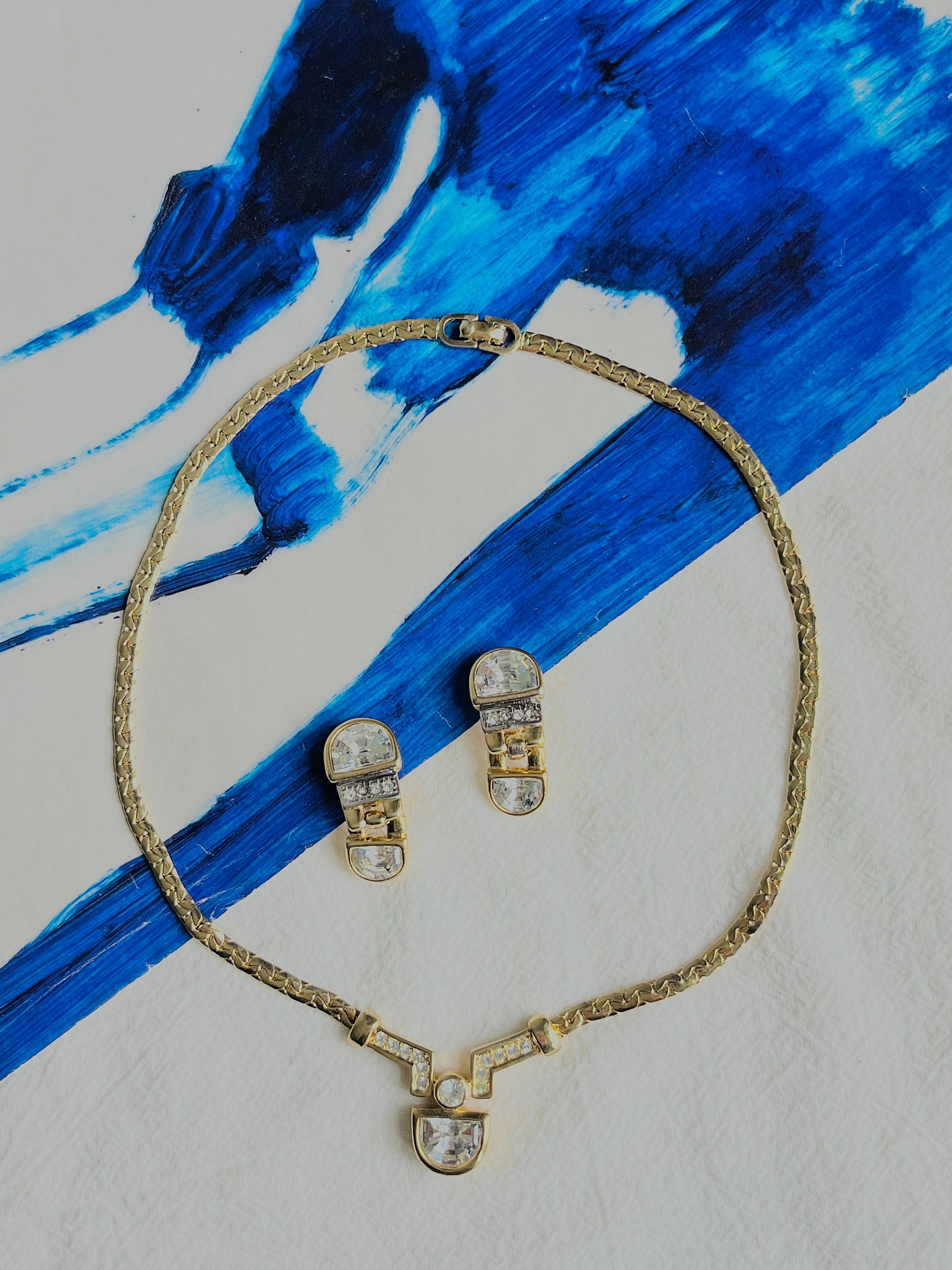 Art Deco Christian Dior Vintage 1980s Semicircle Crystals Pendant Set Necklace Earrings For Sale