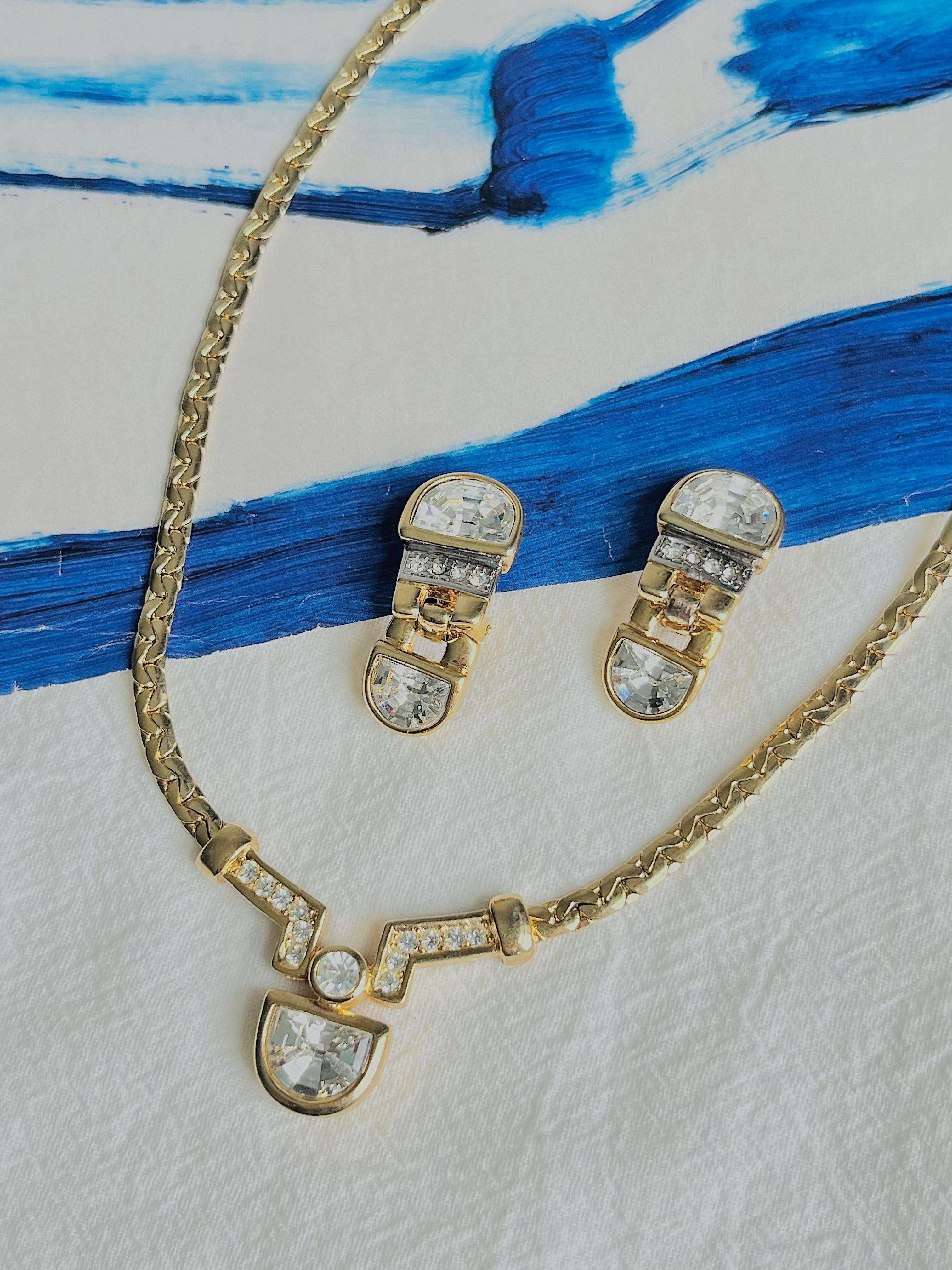 Christian Dior Vintage 1980s Semicircle Crystals Pendant Set Necklace Earrings In Good Condition For Sale In Wokingham, England