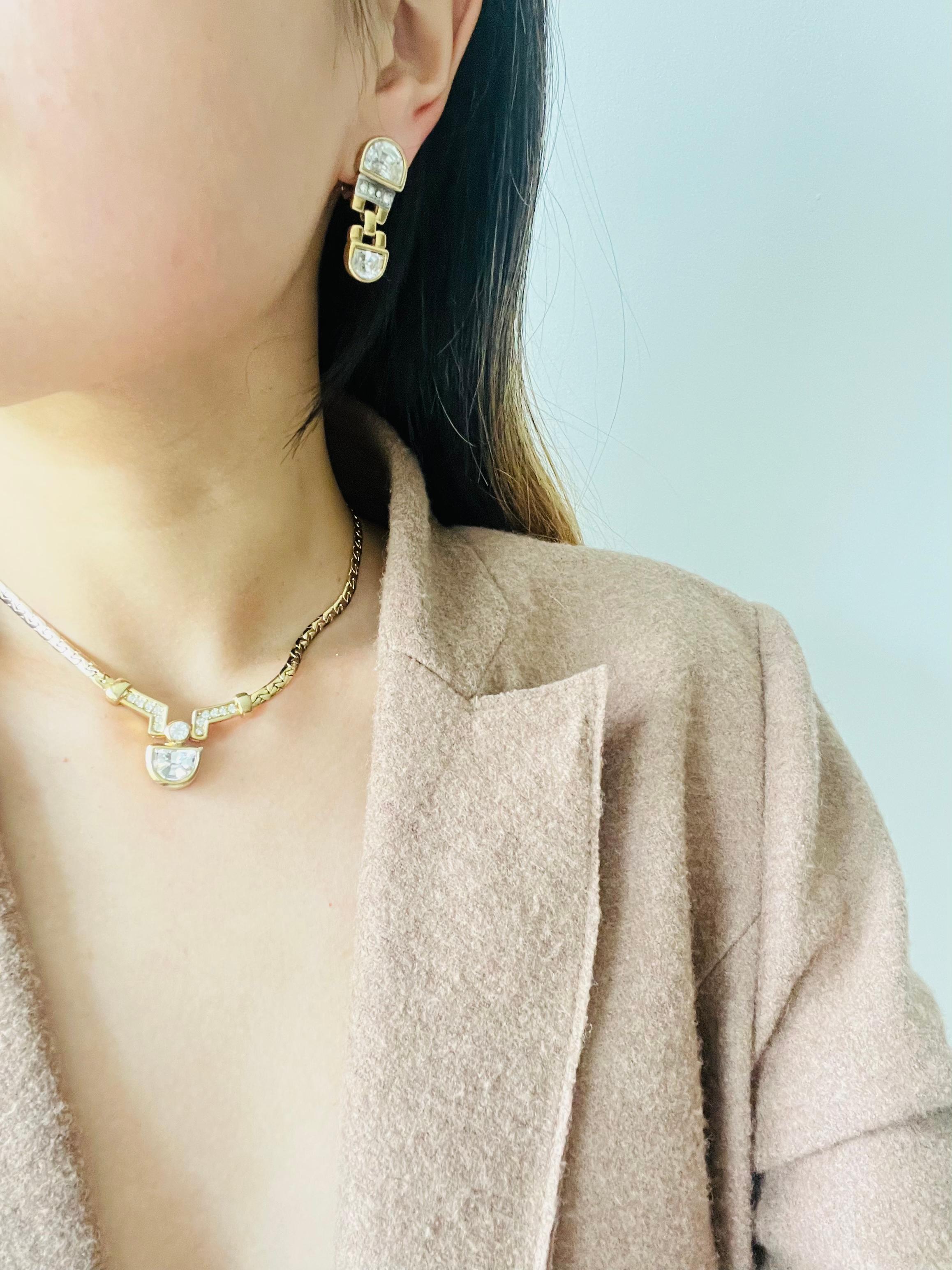 Christian Dior Vintage 1980s Semicircle Crystals Pendant Set Necklace Earrings For Sale 3