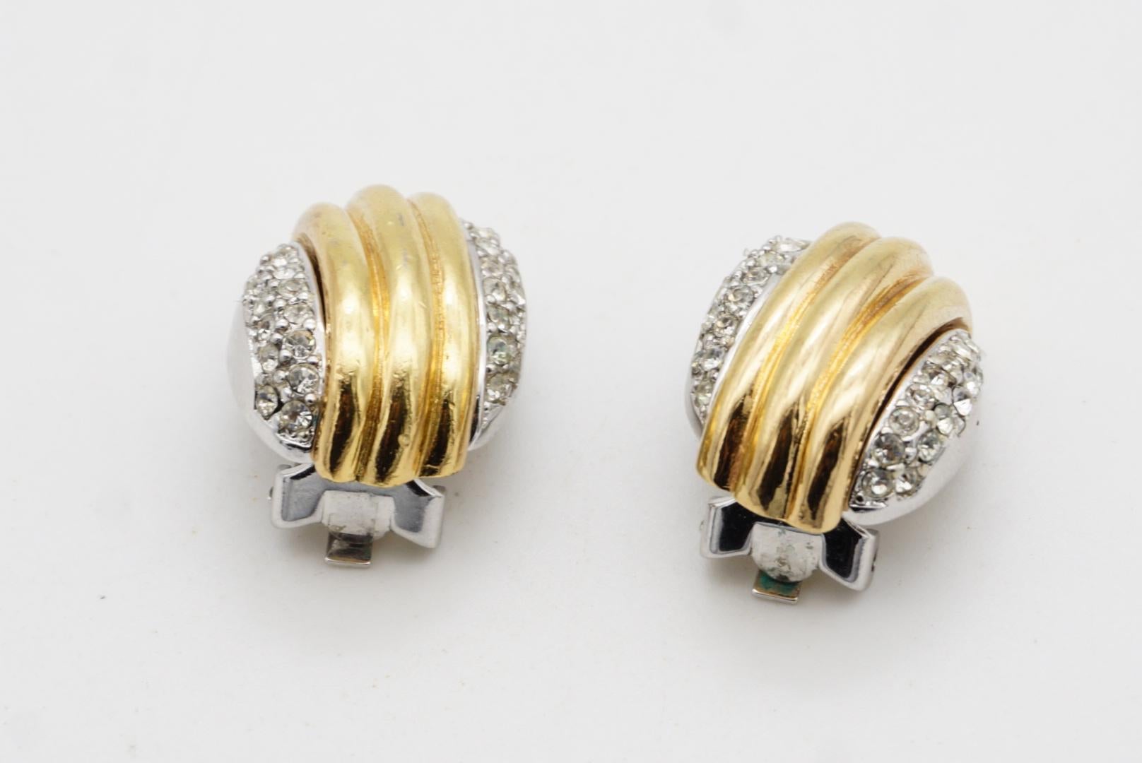 Christian Dior Vintage 1980s Shell Double Crystals Silver Gold Chunky Earrings For Sale 5