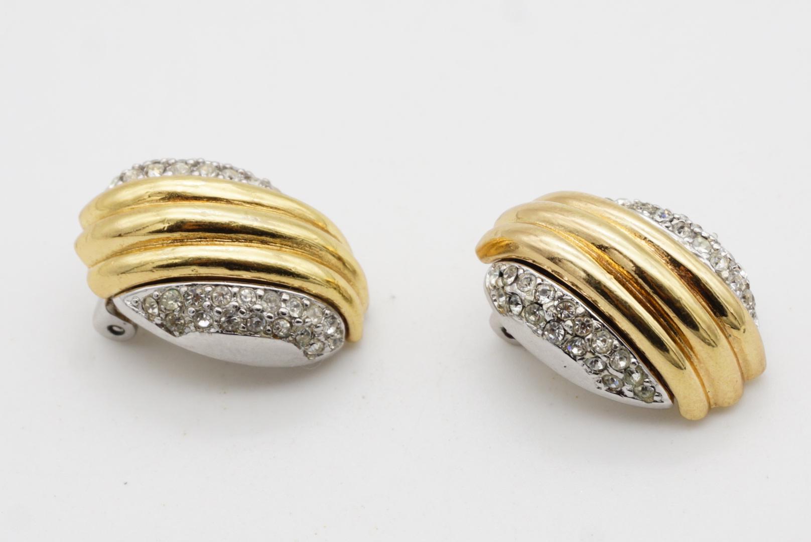Christian Dior Vintage 1980s Shell Double Crystals Silver Gold Chunky Earrings For Sale 6