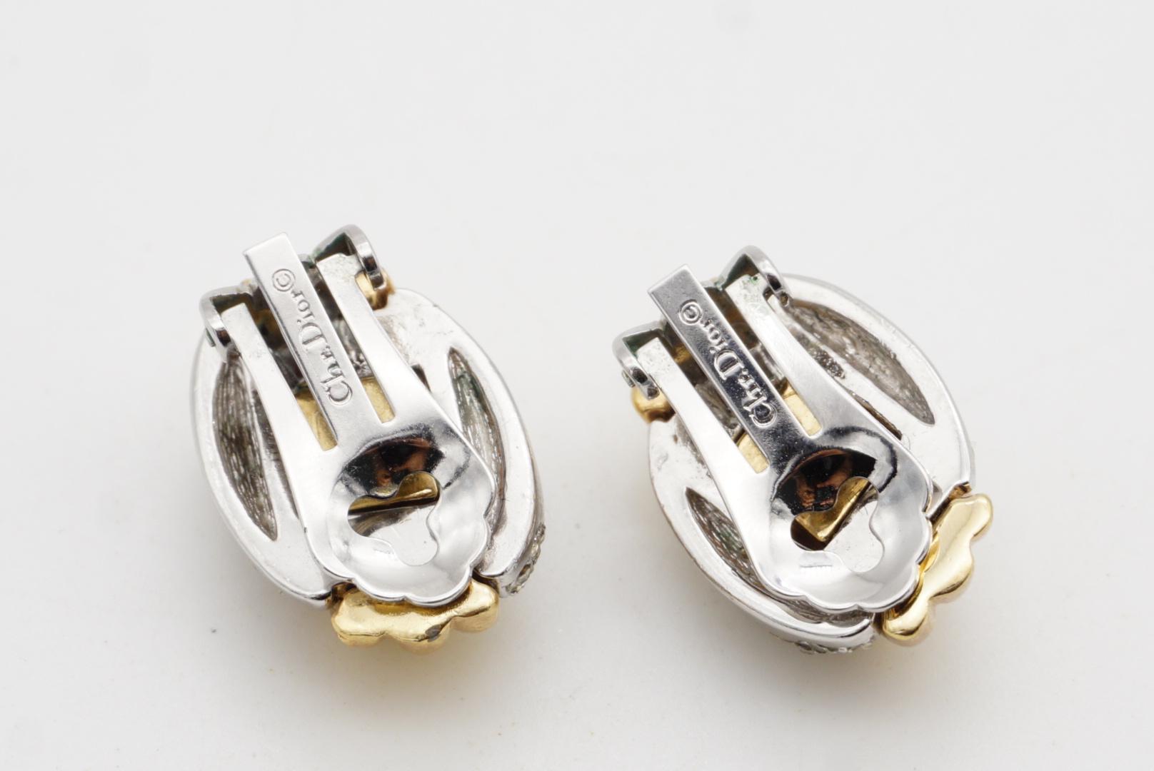 Christian Dior Vintage 1980s Shell Double Crystals Silver Gold Chunky Earrings For Sale 7