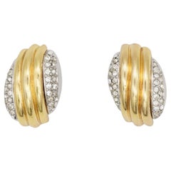 Christian Dior Vintage 1980s Shell Double Crystals Silver Gold Chunky Earrings