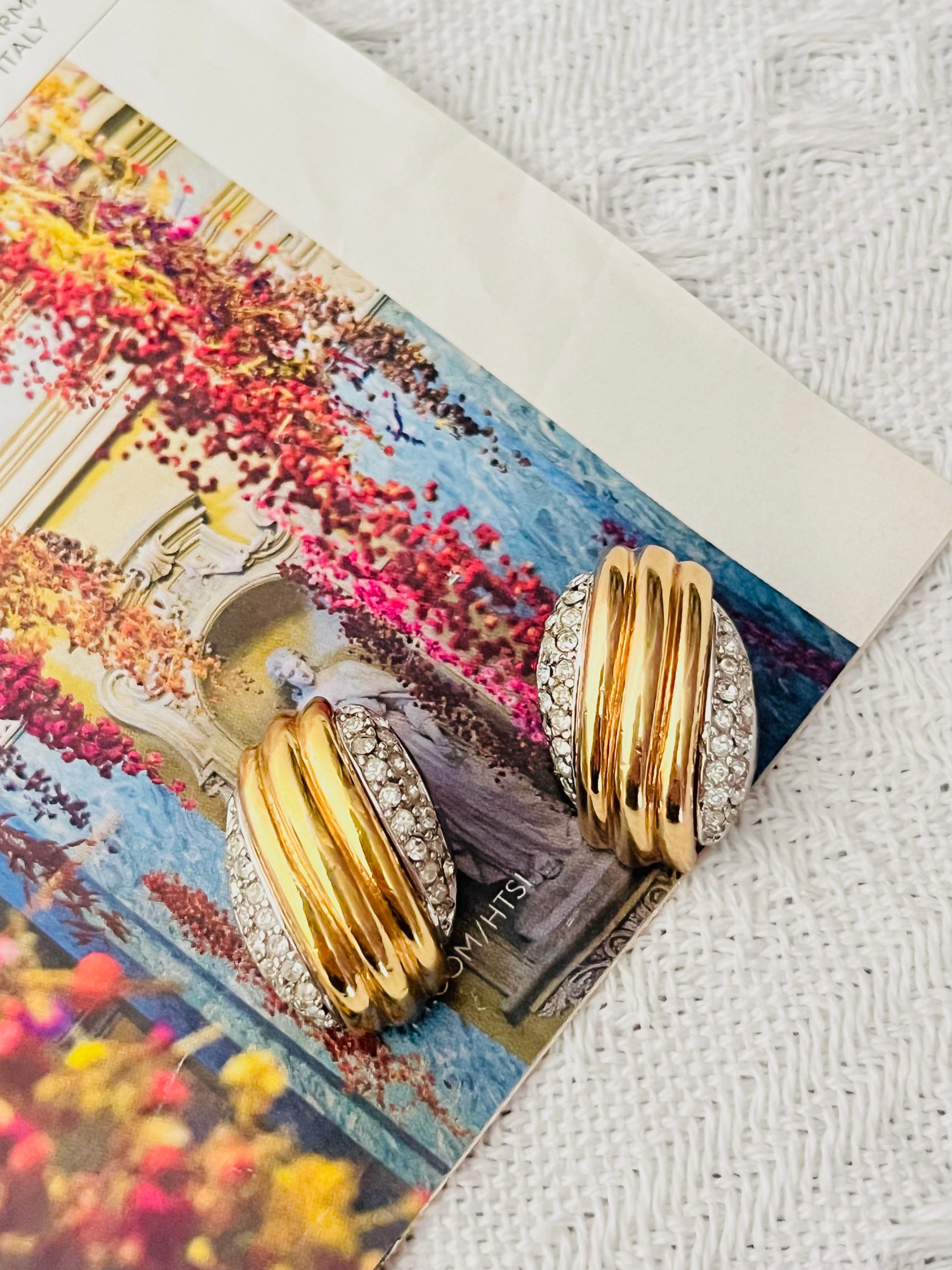 Art Deco Christian Dior Vintage 1980s Shell Double Crystals Silver Gold Chunky Earrings For Sale
