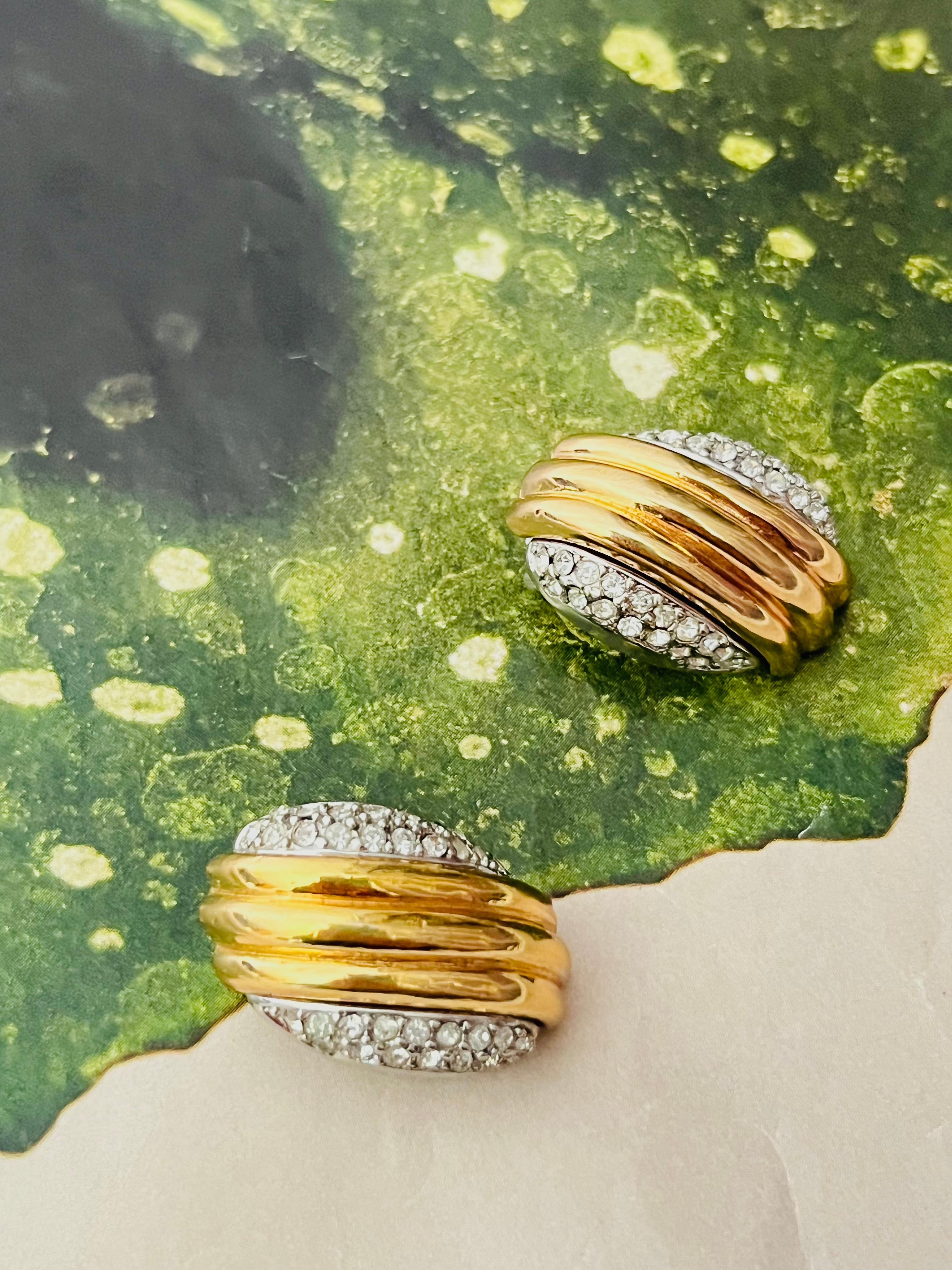 Women's or Men's Christian Dior Vintage 1980s Shell Double Crystals Silver Gold Chunky Earrings For Sale