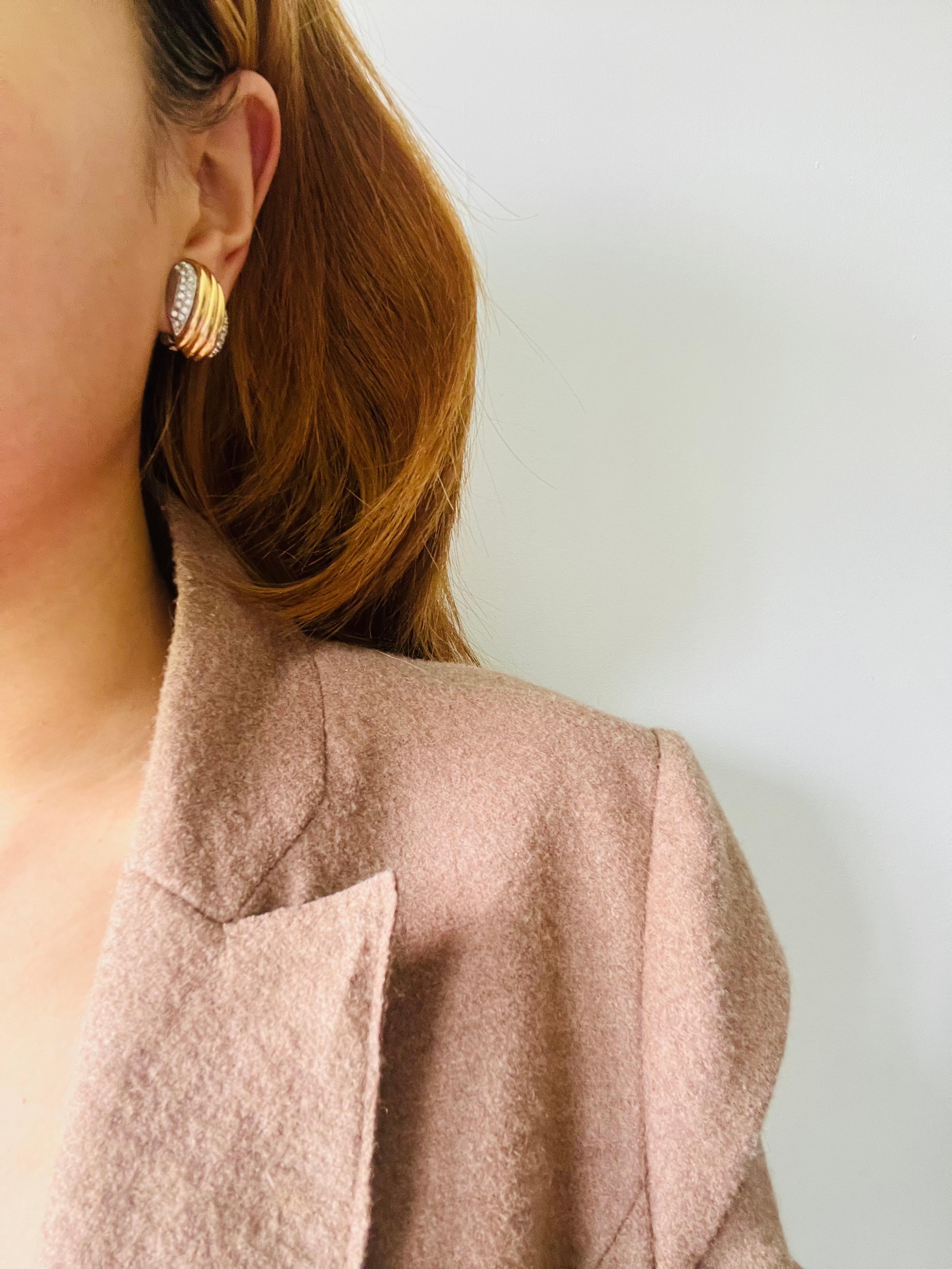Christian Dior Vintage 1980s Shell Double Crystals Silver Gold Chunky Earrings For Sale 1