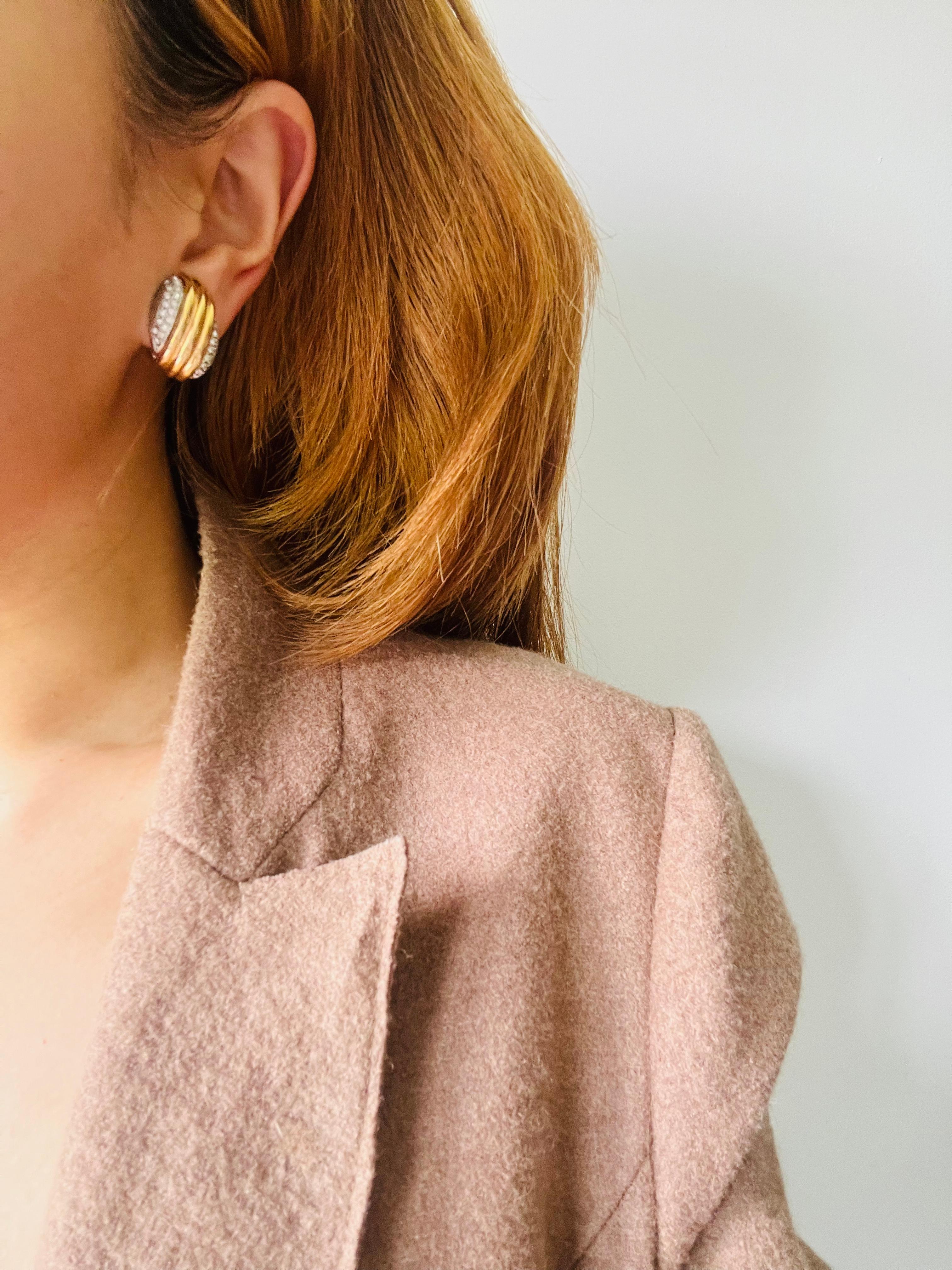 Christian Dior Vintage 1980s Shell Double Crystals Silver Gold Chunky Earrings For Sale 2