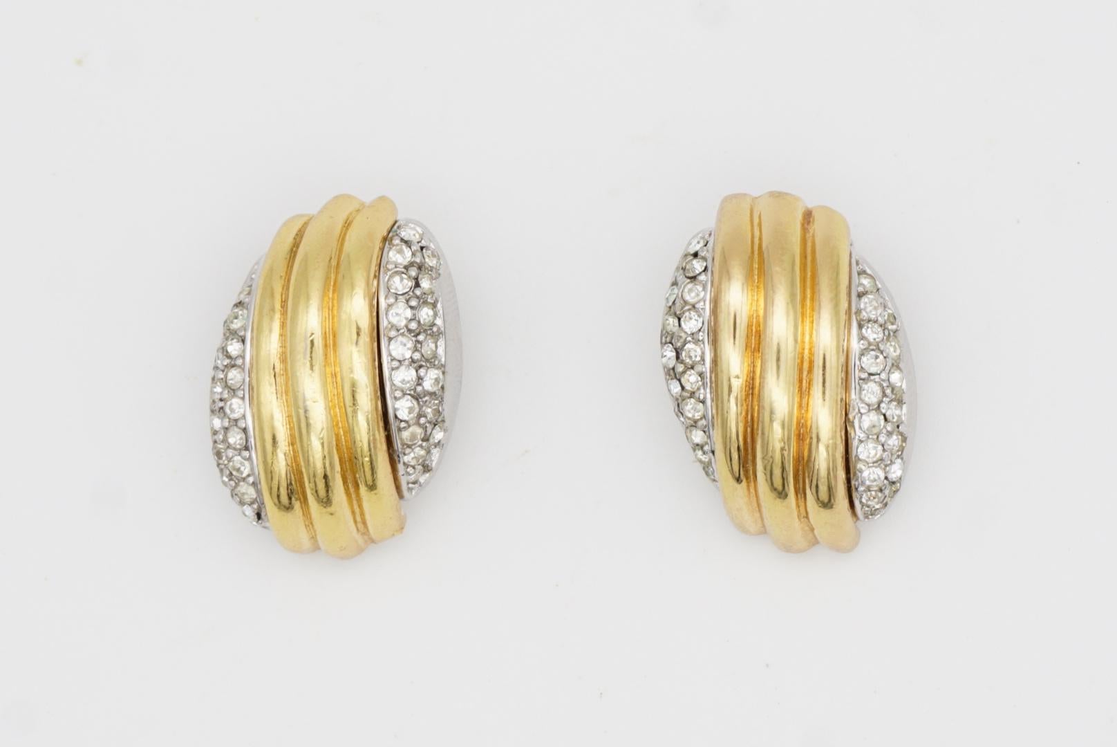 Christian Dior Vintage 1980s Shell Double Crystals Silver Gold Chunky Earrings For Sale 3