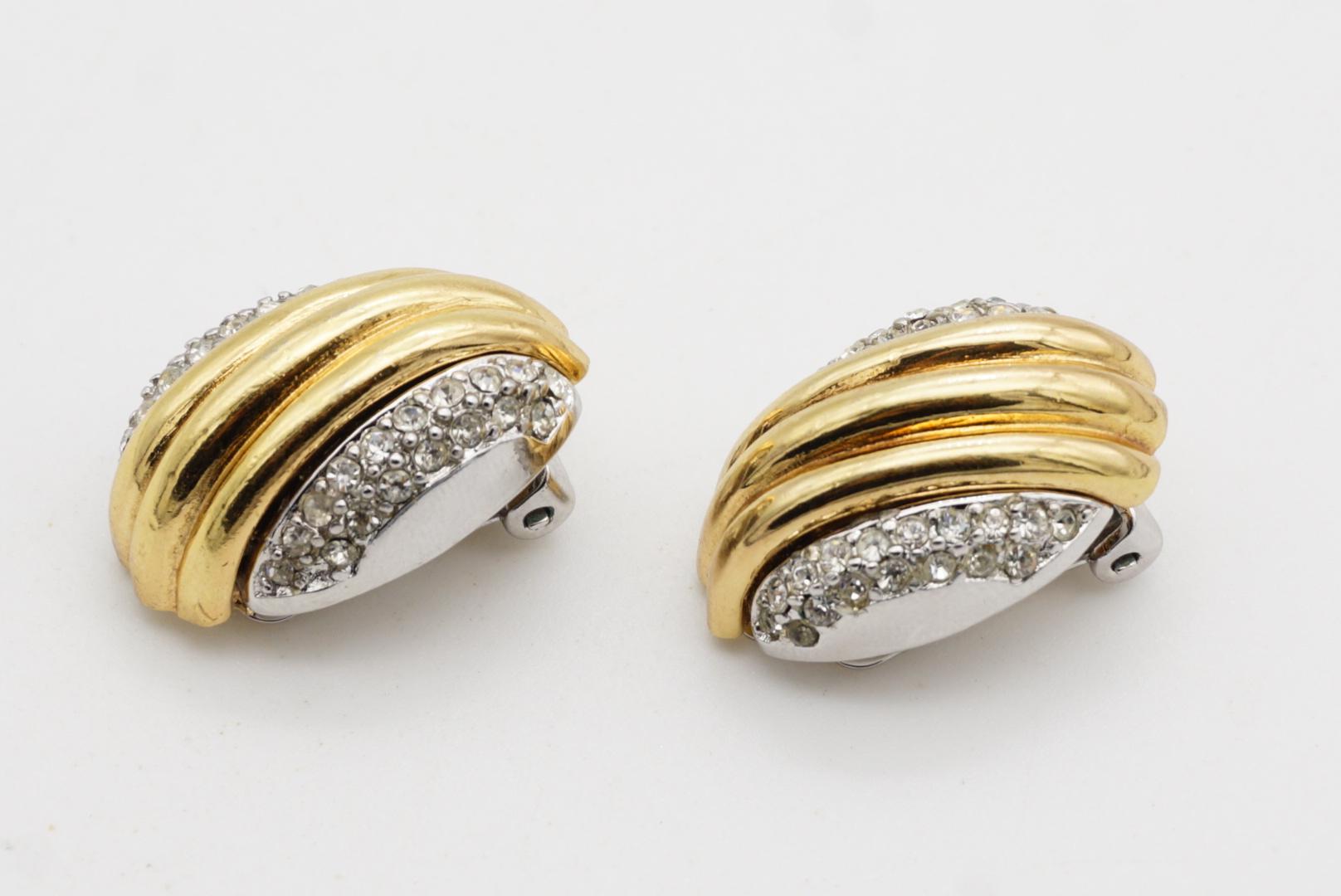 Christian Dior Vintage 1980s Shell Double Crystals Silver Gold Chunky Earrings For Sale 4