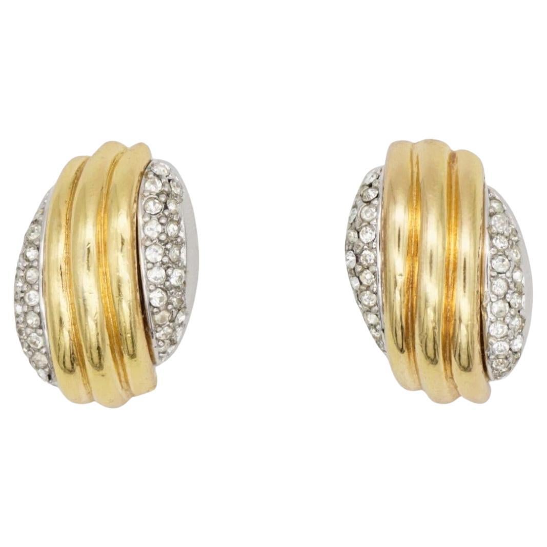 Christian Dior Vintage 1980s Shell Double Crystals Silver Gold Chunky Earrings For Sale