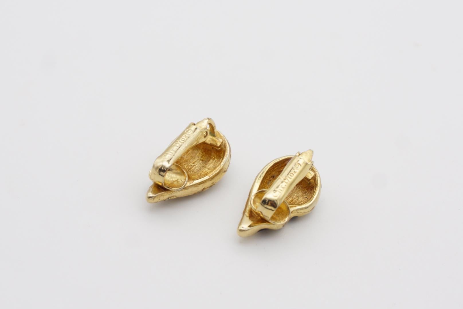 Christian Dior Vintage 1980s Shell Flame Wing Crystals Black Gold Clip Earrings 5