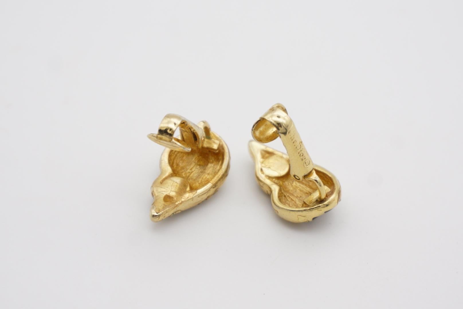 Christian Dior Vintage 1980s Shell Flame Wing Crystals Black Gold Clip Earrings 6