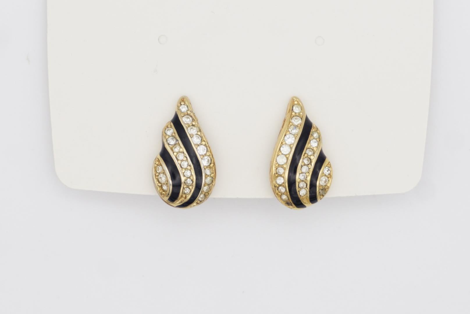 Christian Dior Vintage 1980s Shell Flame Wing Crystals Black Gold Clip Earrings 4