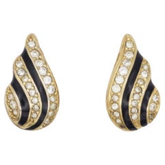 Christian Dior Vintage 1980s Shell Flame Wing Crystals Black Gold Clip Earrings