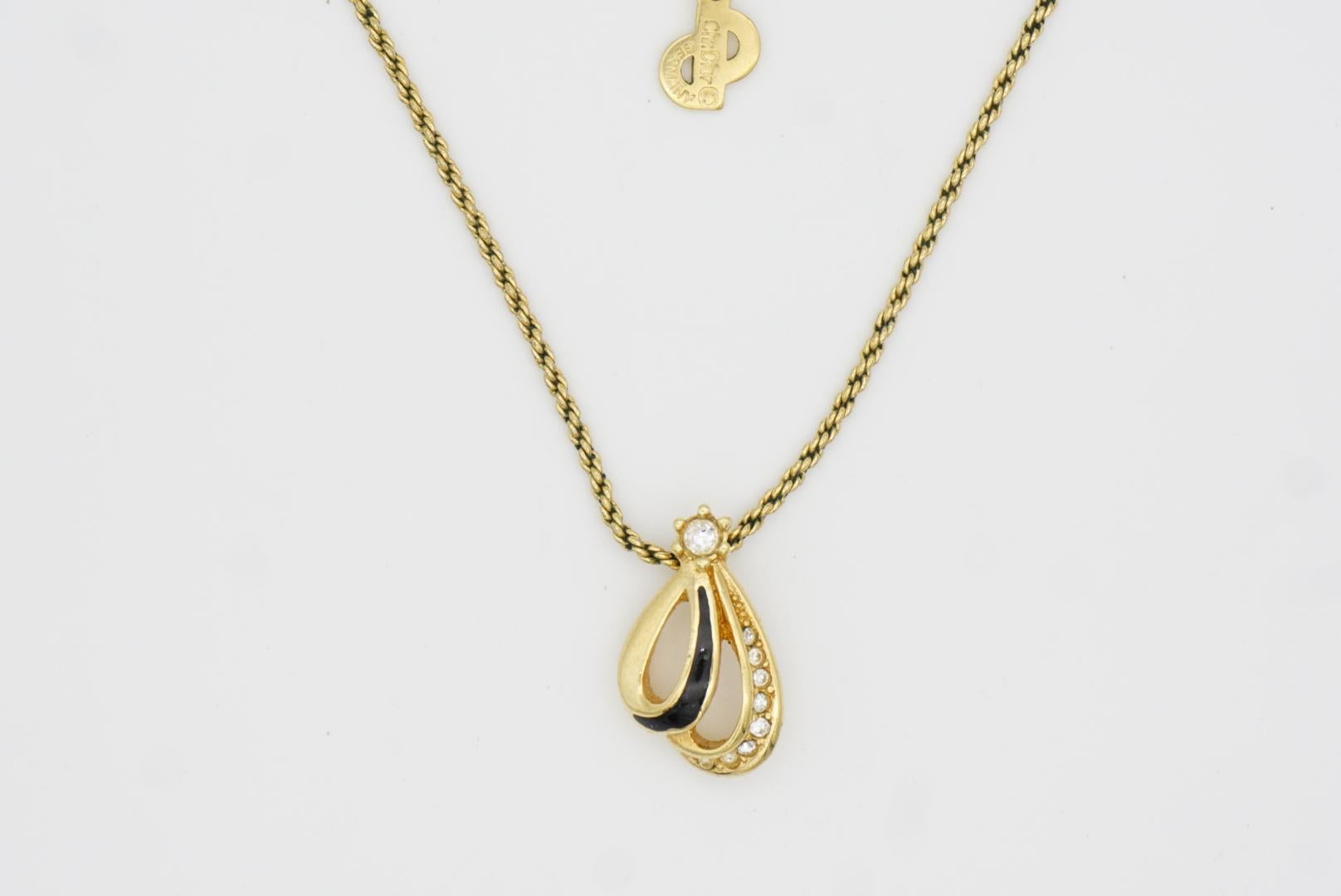 Christian Dior Vintage 1980s Shell Petal Crystal Black Enamel Pendant Necklace For Sale 5
