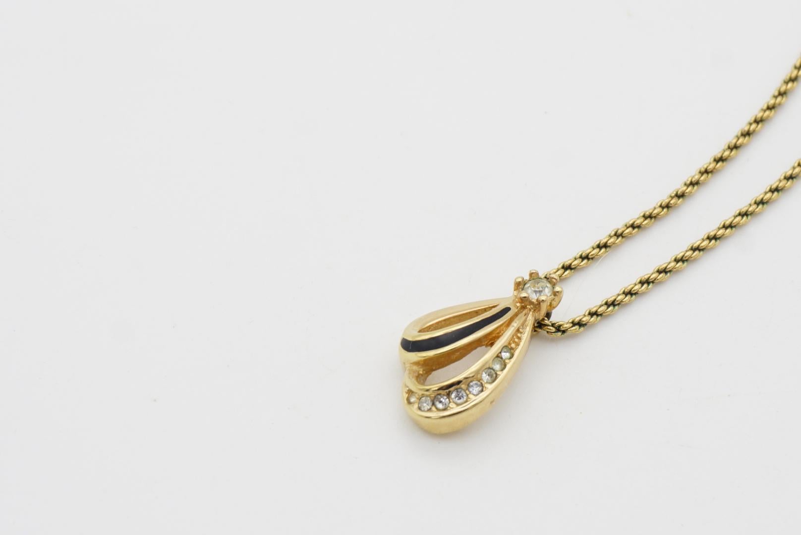 Christian Dior Vintage 1980s Shell Petal Crystal Black Enamel Pendant Necklace For Sale 7