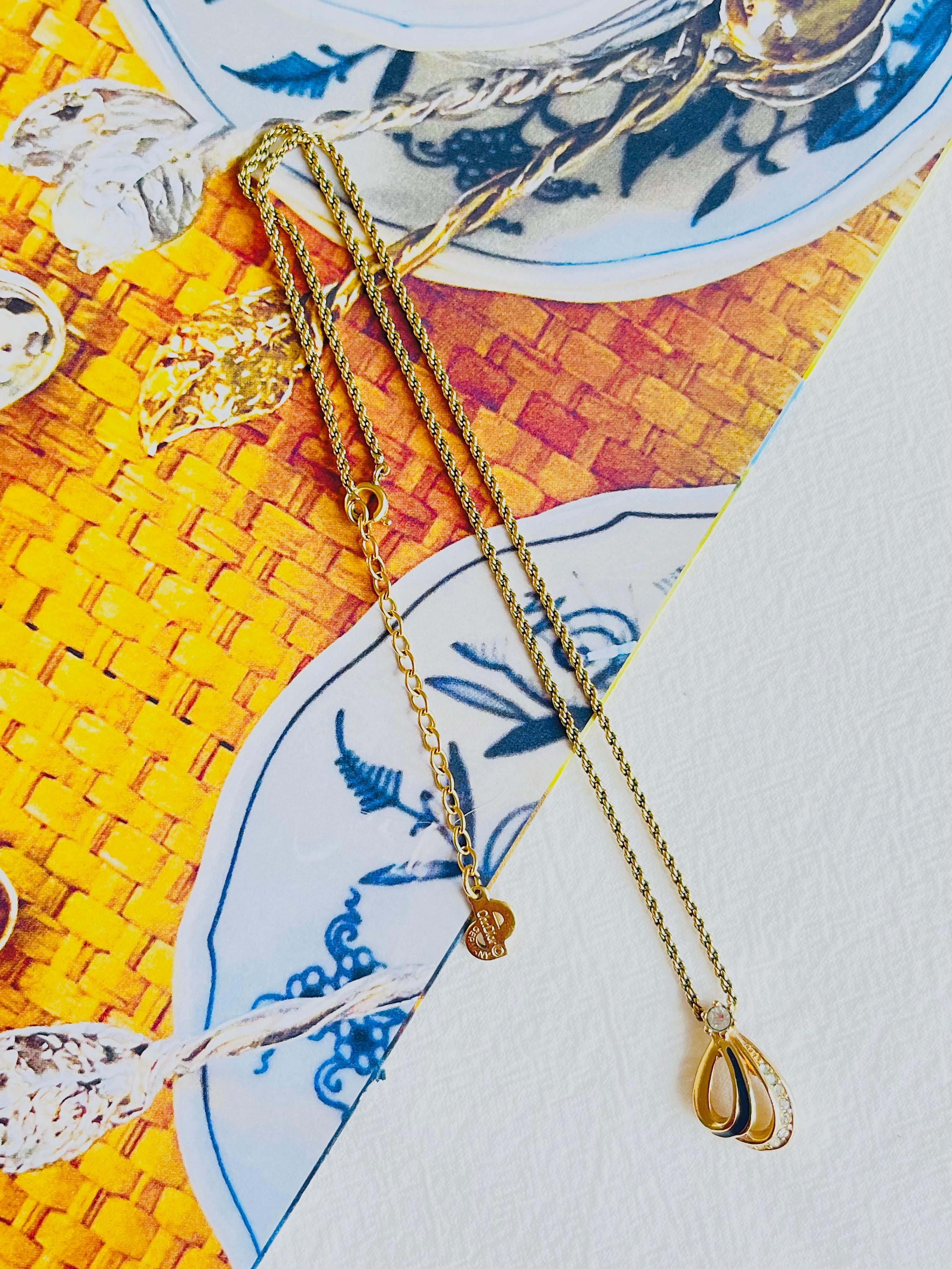 Art Nouveau Christian Dior Vintage 1980s Shell Petal Crystal Black Enamel Pendant Necklace For Sale