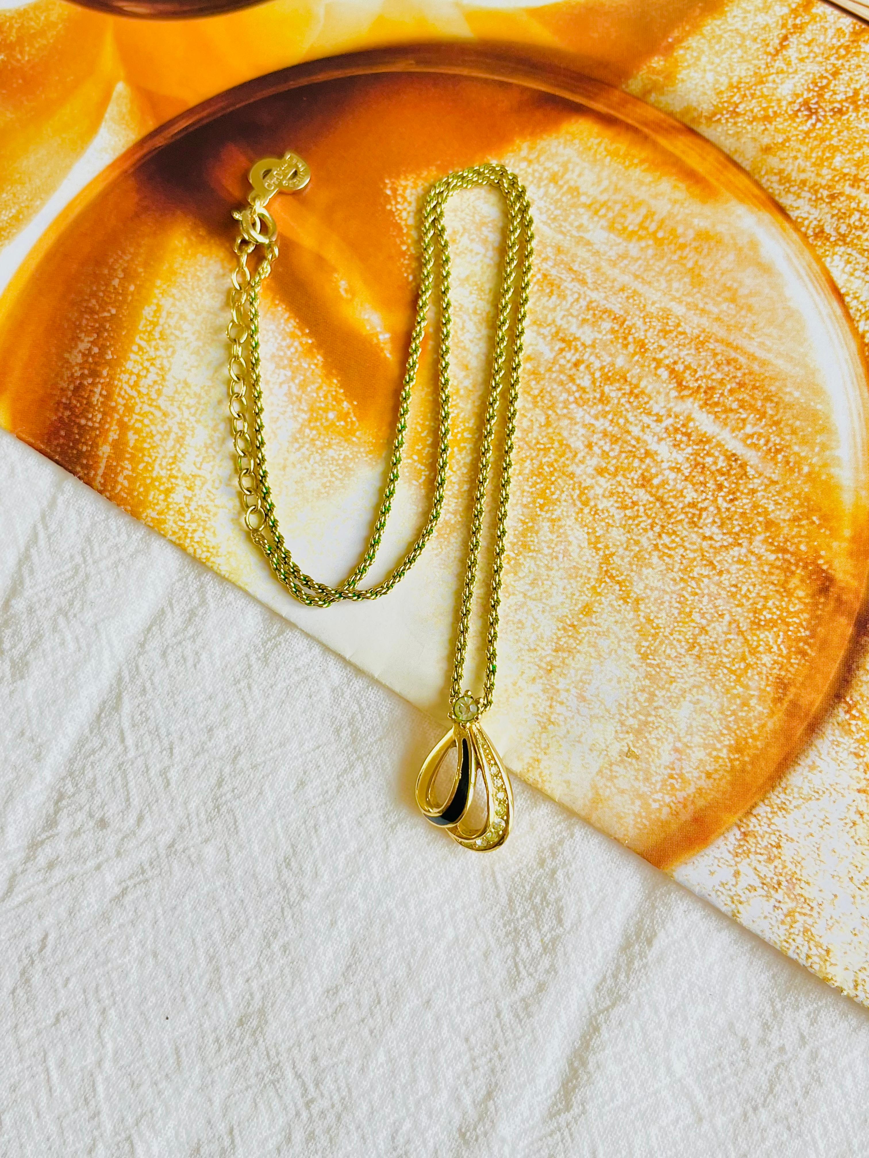 Christian Dior Vintage 1980s Shell Petal Crystal Black Enamel Pendant Necklace In Excellent Condition For Sale In Wokingham, England