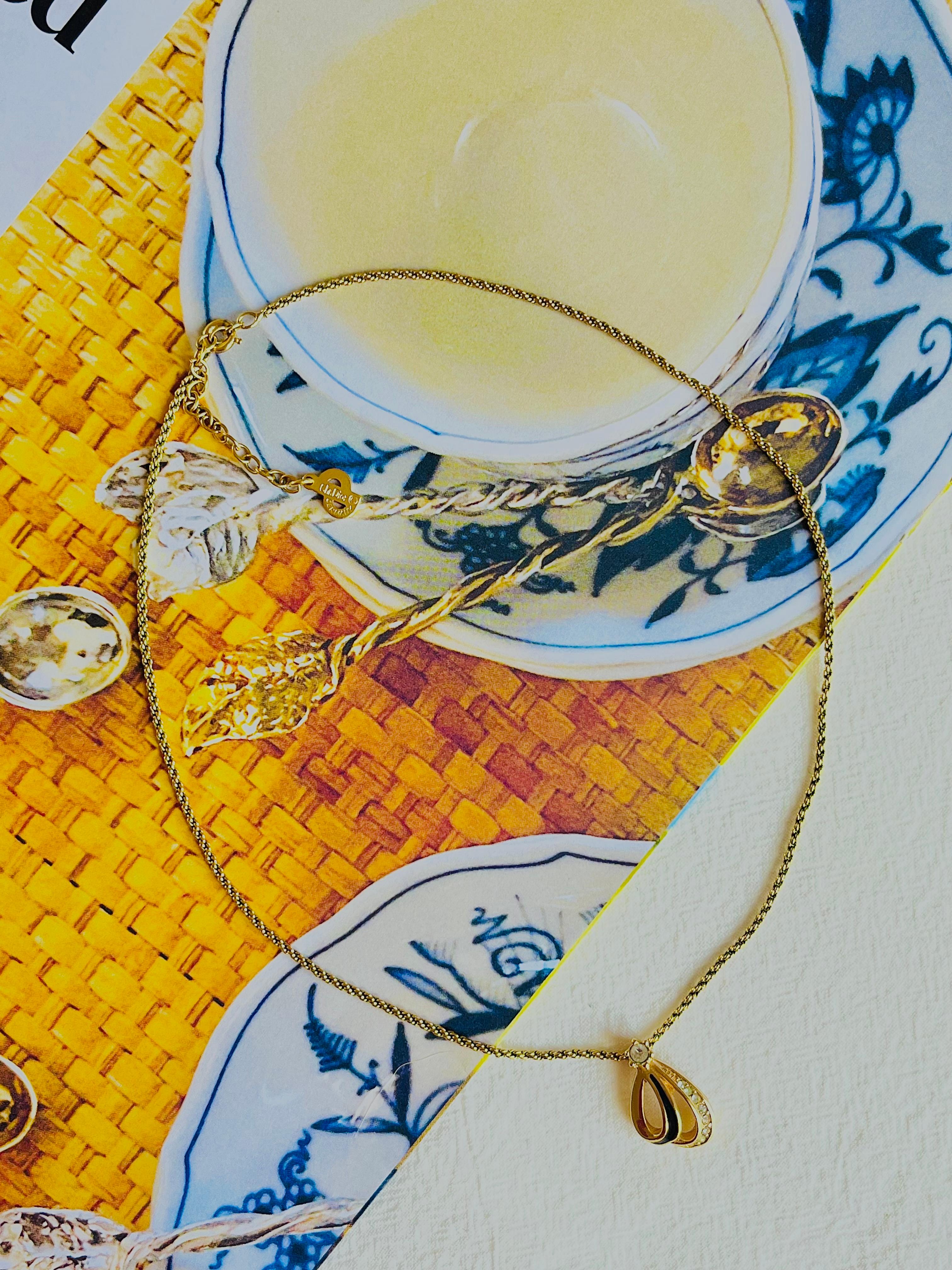 Women's or Men's Christian Dior Vintage 1980s Shell Petal Crystal Black Enamel Pendant Necklace For Sale