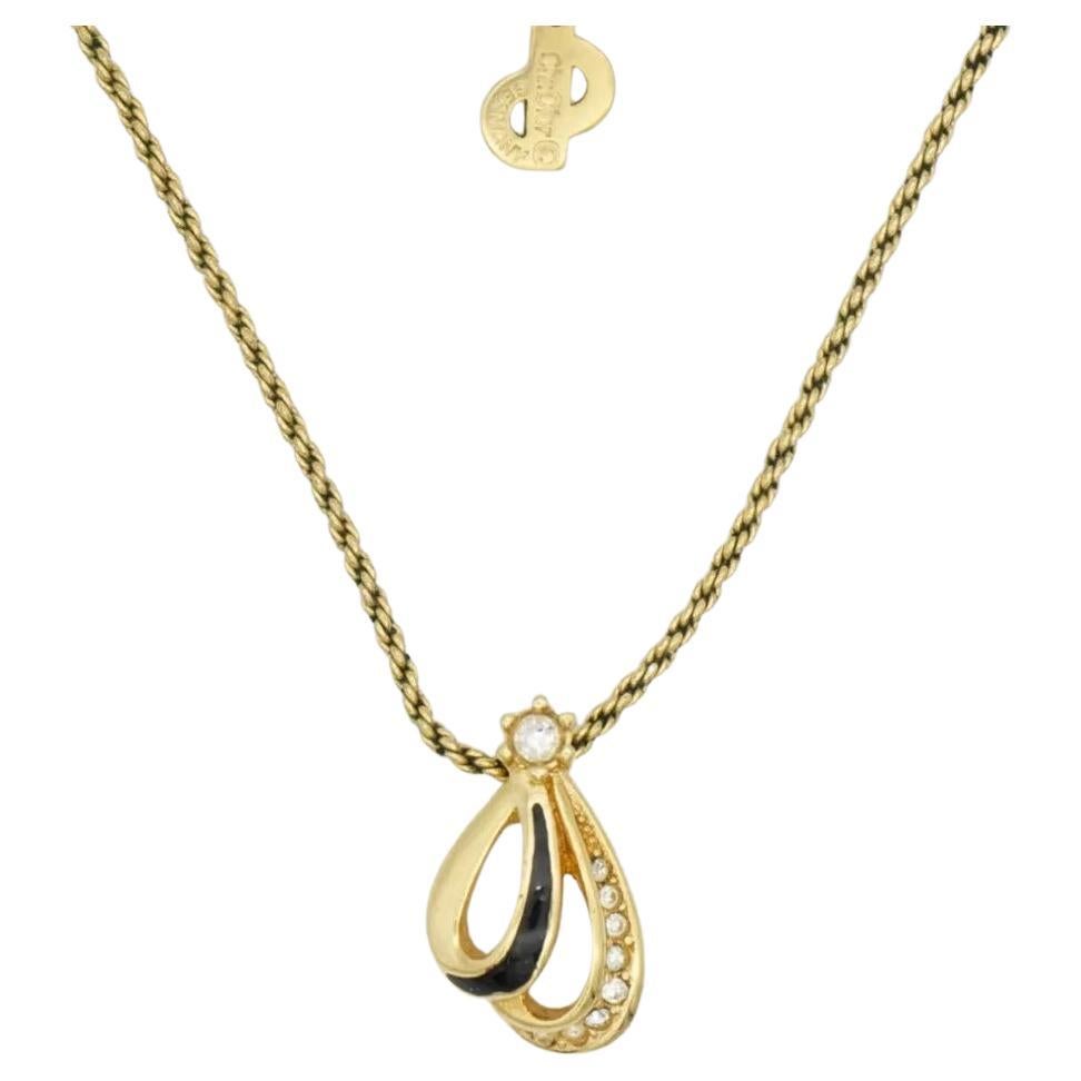 Christian Dior Vintage 1980s Shell Petal Crystal Black Enamel Pendant Necklace For Sale