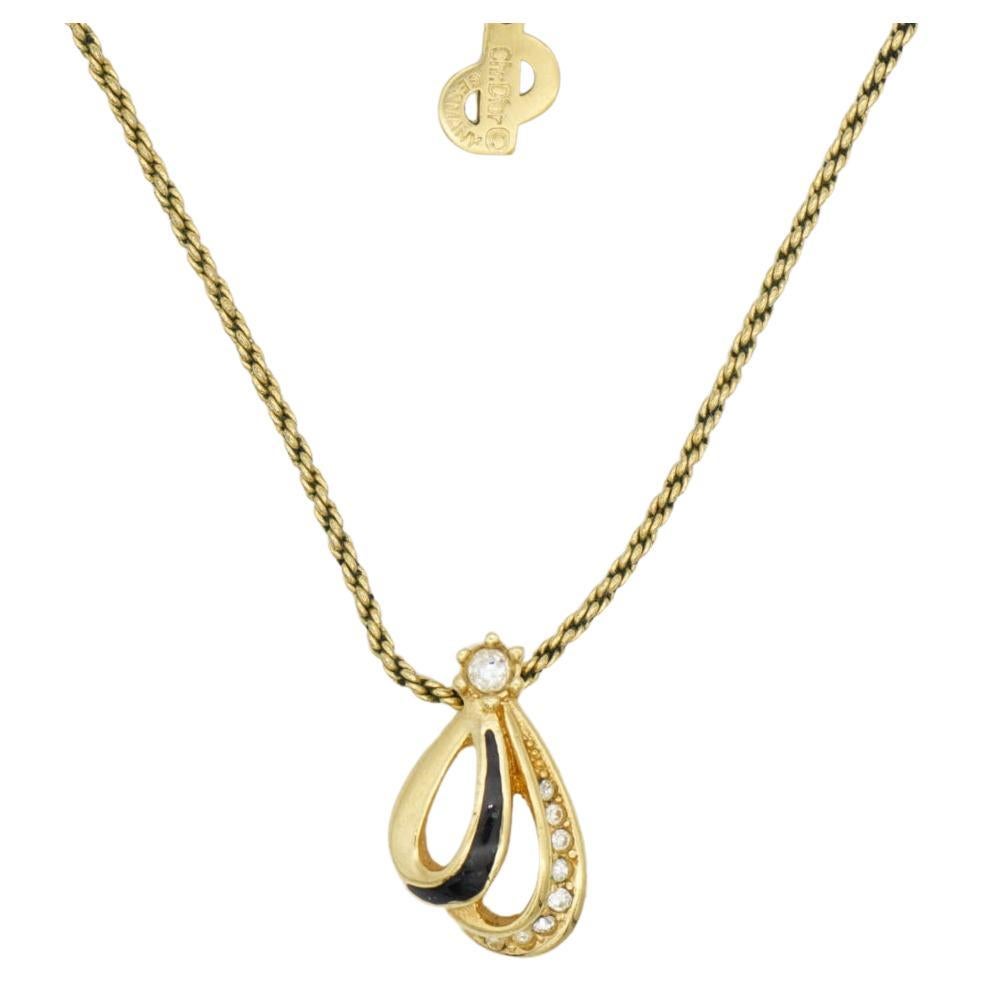 Christian Dior Vintage 1980s Shell Petal Crystal Black Enamel Pendant Necklace For Sale