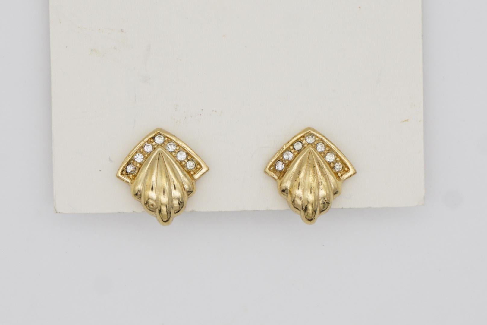 Christian Dior Vintage 1980s Shell Swarovski Crystals Gold Clip On Earrings  For Sale 1