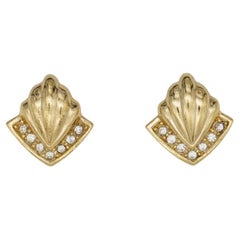 Christian Dior Retro 1980s Shell Triangle Diamond Crystals Gold Clip Earrings