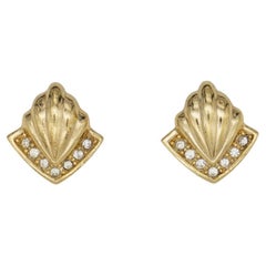 Christian Dior Vintage 1980er Jahre Muschel-Dreieck-Diamant-Kristallen-Gold-Clip-Ohrringe