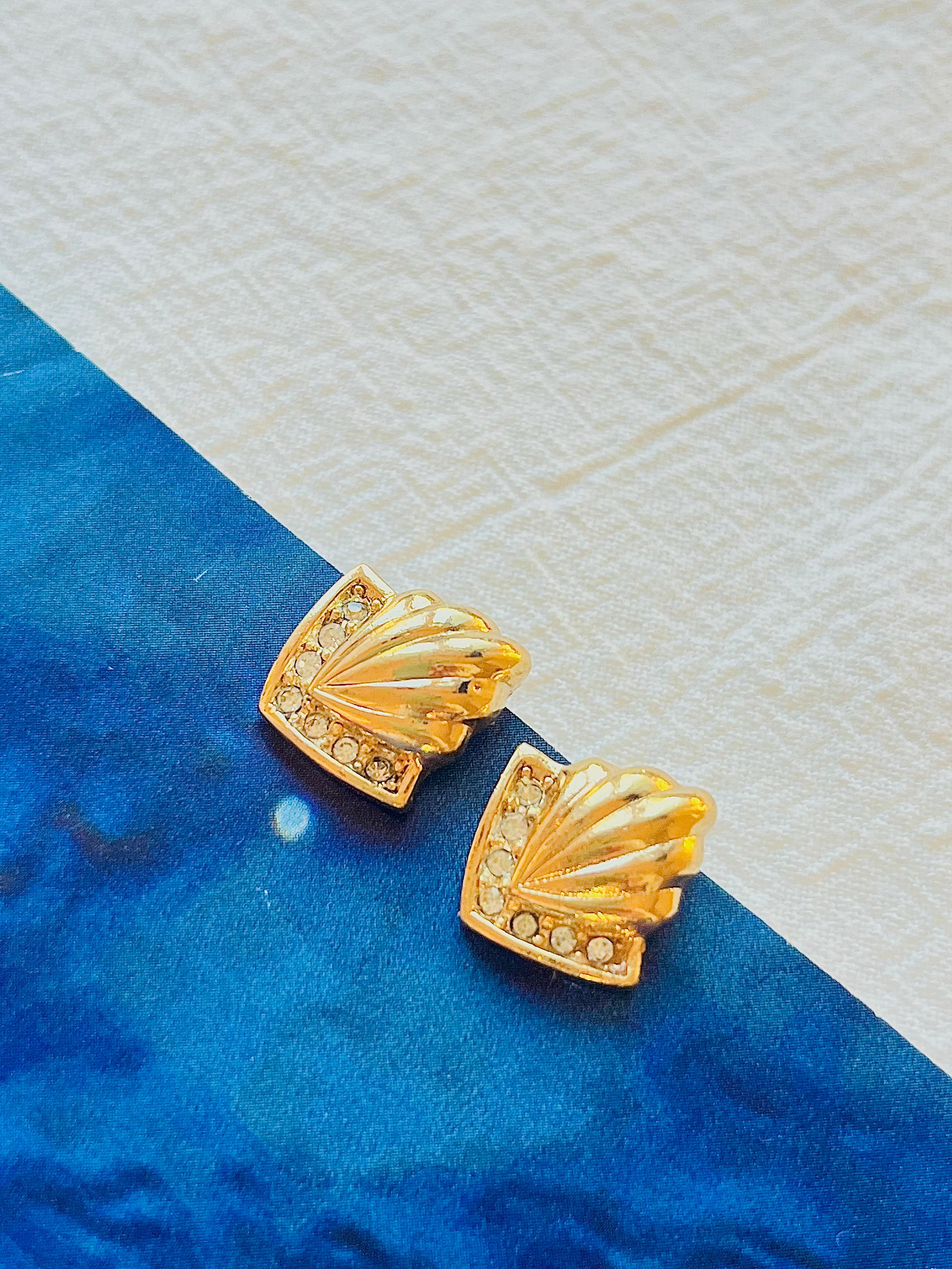 Art Deco Christian Dior Vintage 1980s Shell Triangle Diamond Crystals Gold Clip Earrings