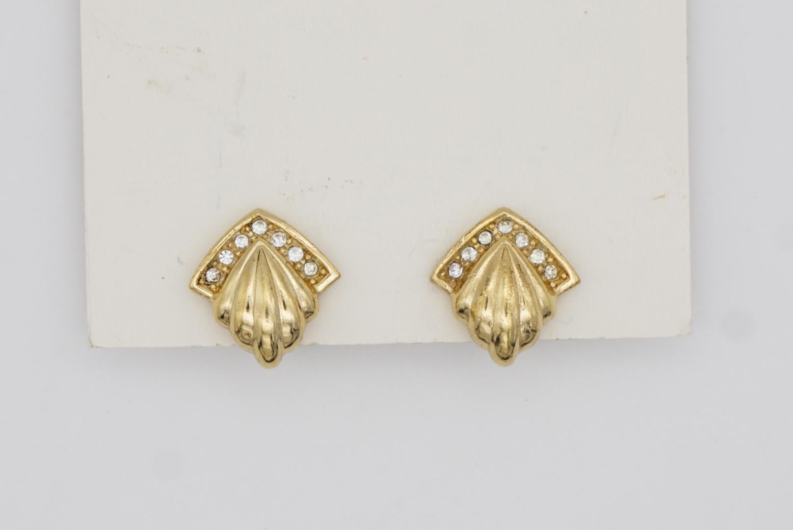 Christian Dior Vintage 1980s Shell Triangle Diamond Crystals Gold Clip Earrings For Sale 4