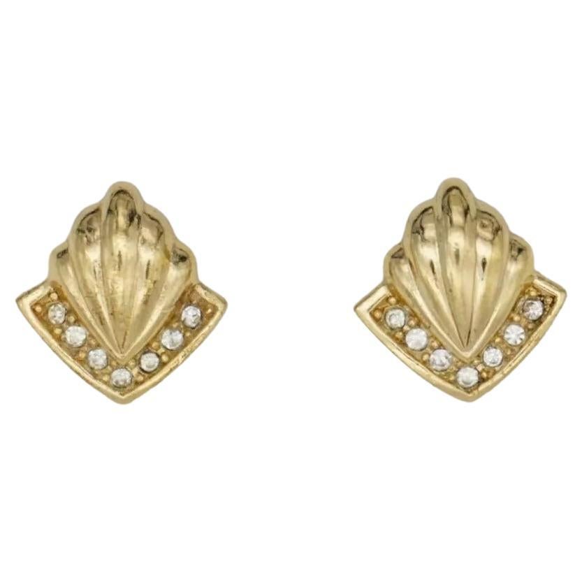 Christian Dior Vintage 1980s Shell Triangle Diamond Crystals Gold Clip Earrings