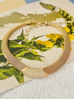 Christian Dior Vintage 1980s Sparkling Crystals Wide Woven Mesh Omega Necklace