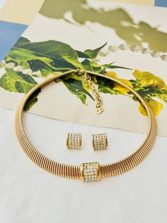 Christian Dior Vintage 1980s Square Crystals Ribbed Omega Necklace Earrings Set