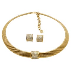 Christian Dior Vintage 1980s Square Crystals Ribbed Omega Necklace Earrings Set