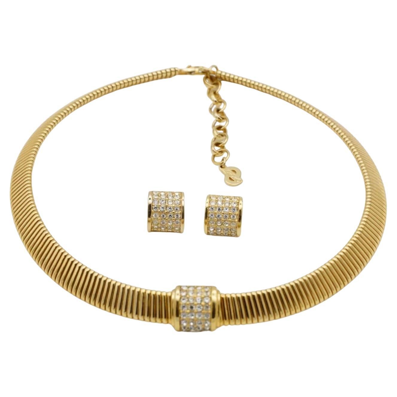 Christian Dior Vintage 1980s Square Crystals Ribbed Omega Necklace Earrings Set