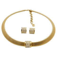 Christian Dior Vintage 1980s Square Crystals Ribbed Omega Necklace Earrings Set