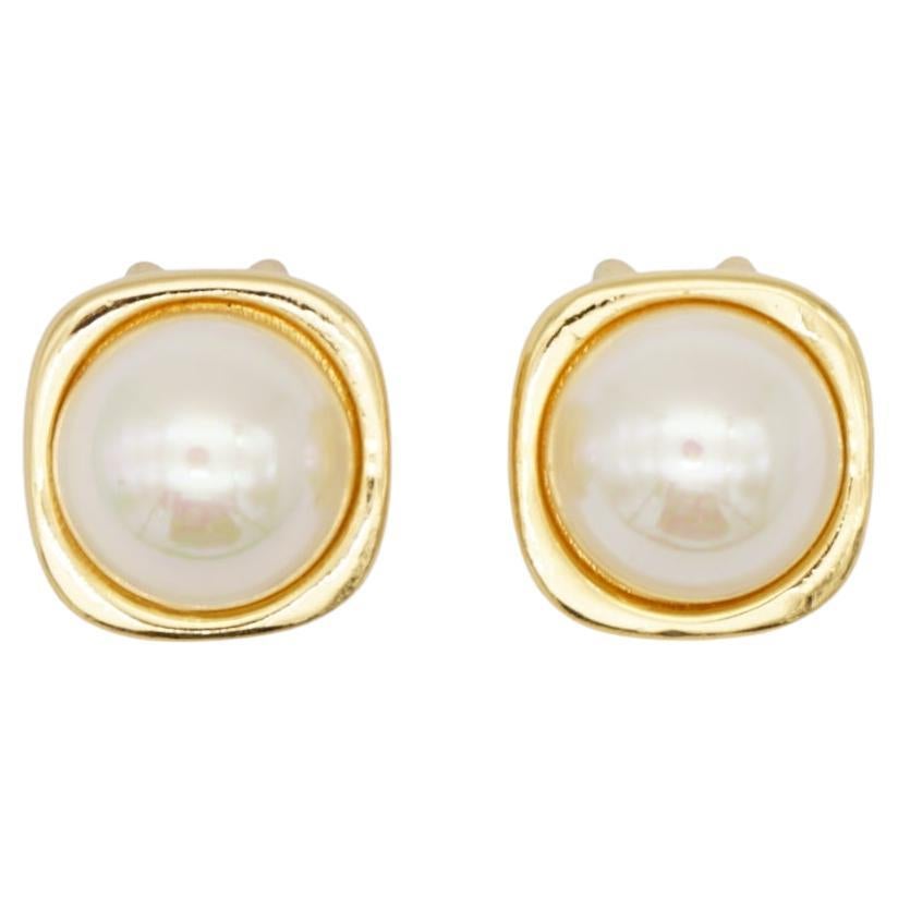 Christian Dior Vintage 1980s Square Cube White Round Pearl Gold Clip Earrings  For Sale