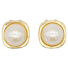 Christian Dior Vintage 1980s Square Cube White Round Pearl Gold Clip Earrings 