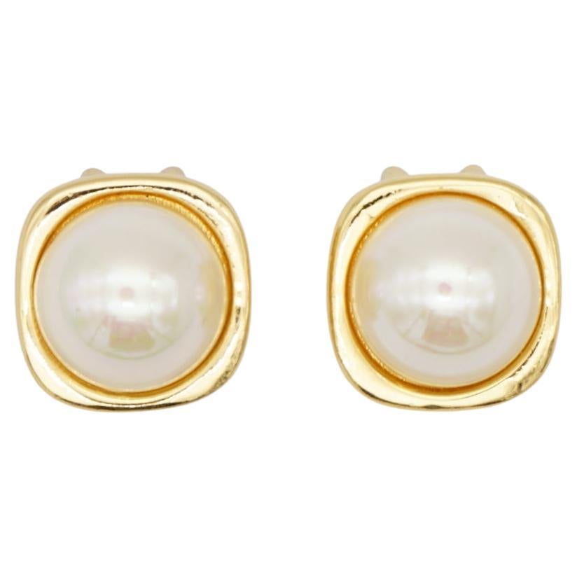 Christian Dior Vintage 1980s Square Cube White Round Pearl Gold Clip Earrings For Sale