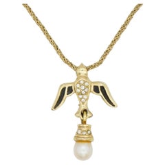 Christian Dior Vintage 1980s Swallow Bird Black White Pearl Water Drop Necklace
