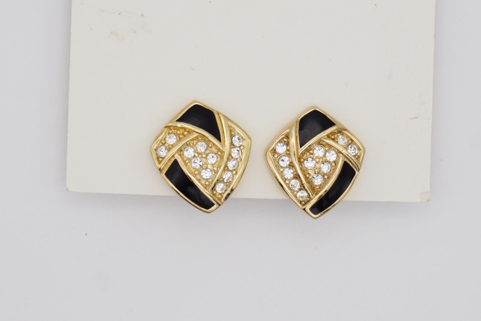 Christian Dior Vintage 1980s Swirl Crystals Black Enamel Shield Clip Earrings For Sale 1