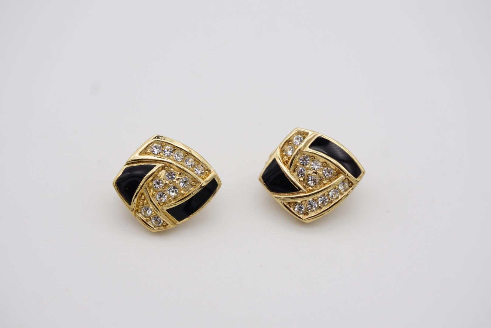 Christian Dior Vintage 1980s Swirl Crystals Black Enamel Shield Clip Earrings For Sale 3
