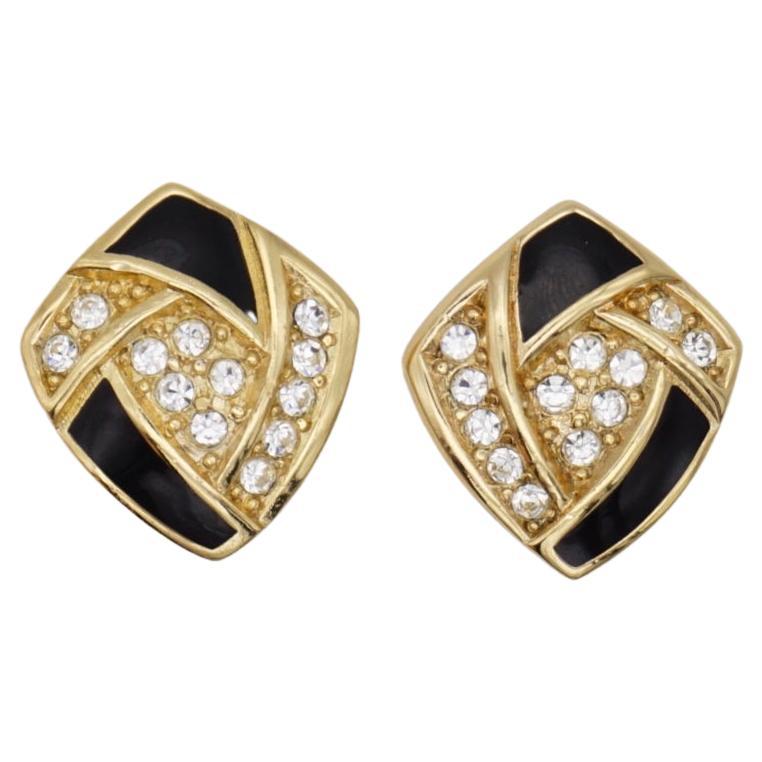 Christian Dior Vintage 1980s Swirl Crystals Black Enamel Shield Clip Earrings For Sale