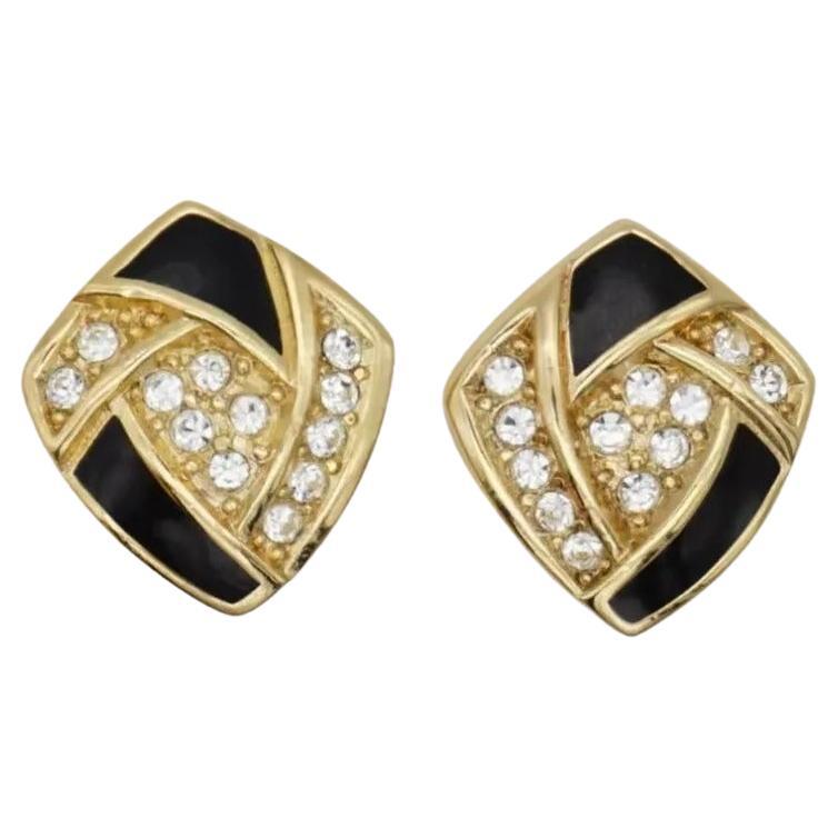 Christian Dior Vintage 1980s Swirl Crystals Black Enamel Shield Clip Earrings