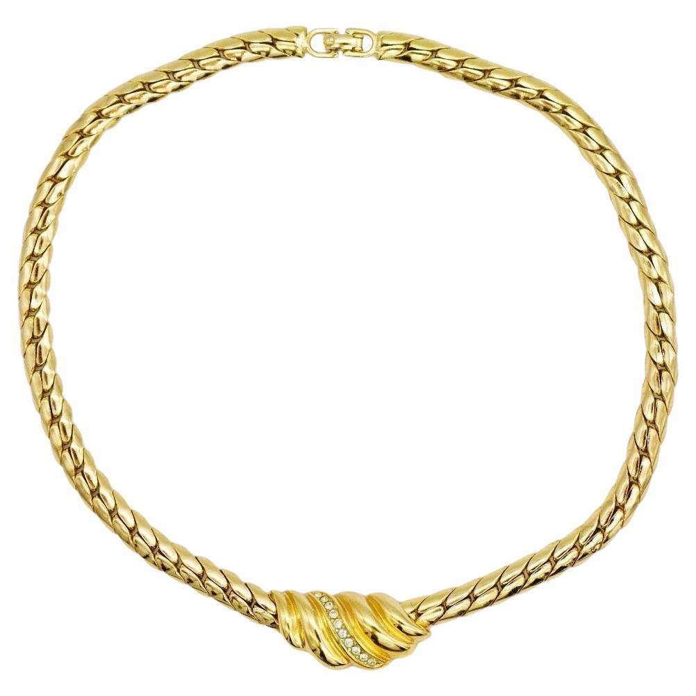 Christian Dior Vintage 1980s Swirl Wavy Conch Crystals Gold Pendant Necklace For Sale