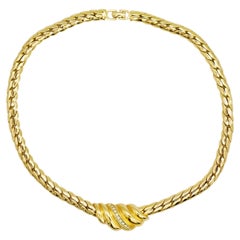 Christian Dior Vintage 1980s Swirl Wavy Conch Crystals Pendant Gold Necklace