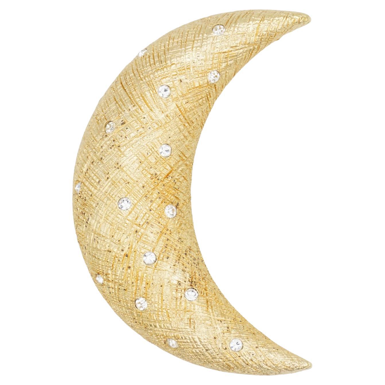 Christian Dior Vintage 1980s Textured Crescent Moon Circle Star Crystals Brooch